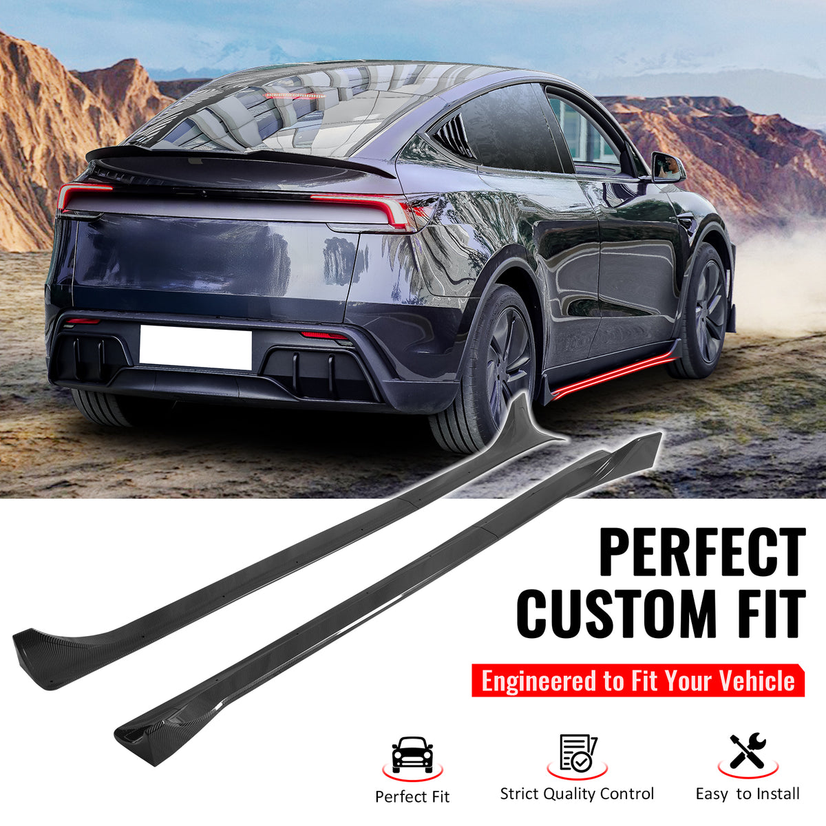 IKON MOTORSPORTS, Side Skirts Extension Compatible with 2025-2026 Tesla Model Y Juniper, IKON Style ABS Plastic Carbon Fiber Print Rocker Panel Splitter Side Underbody Spoiler