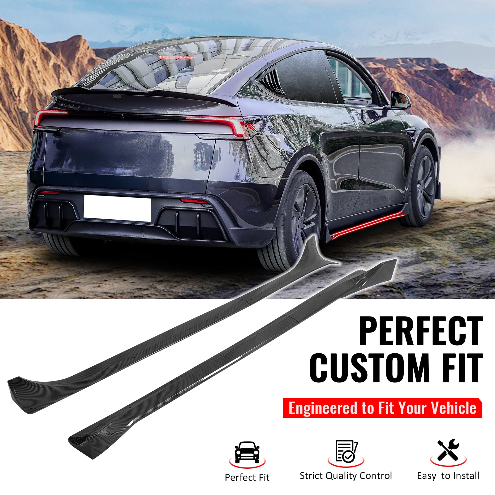 IKON MOTORSPORTS, Side Skirts Extension Compatible with 2025-2026 Tesla Model Y Juniper, IKON Style ABS Plastic Carbon Fiber Print Rocker Panel Splitter Side Underbody Spoiler