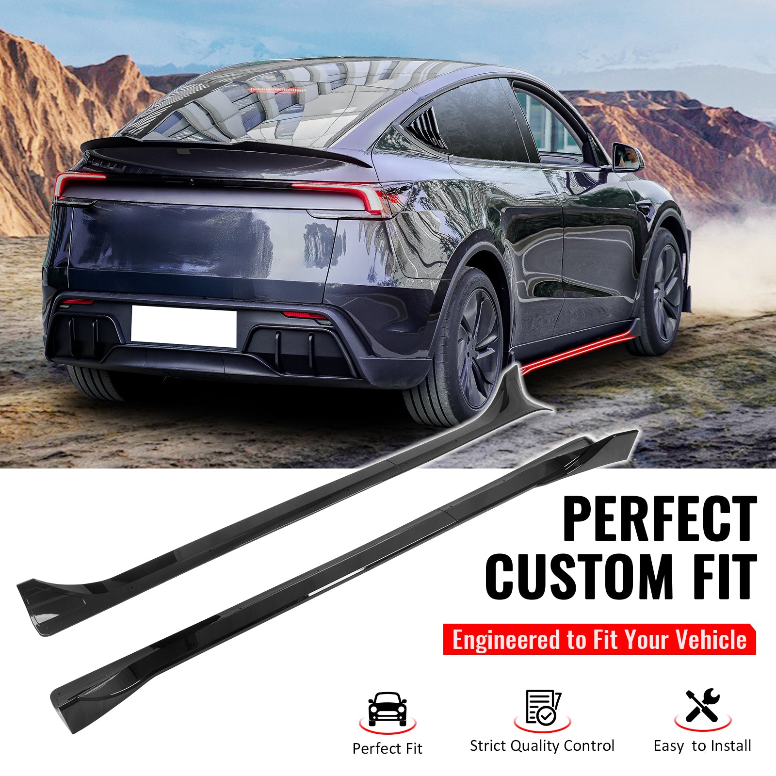IKON MOTORSPORTS, Side Skirts Extension Compatible with 2025-2026 Tesla Model Y Juniper, IKON Style ABS Plastic Gloss Black Rocker Panel Splitter Side Underbody Spoiler
