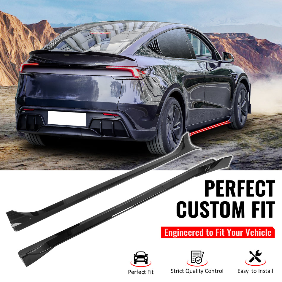 IKON MOTORSPORTS, Side Skirts Extension Compatible with 2025-2026 Tesla Model Y Juniper, IKON Style ABS Plastic Gloss Black Rocker Panel Splitter Side Underbody Spoiler