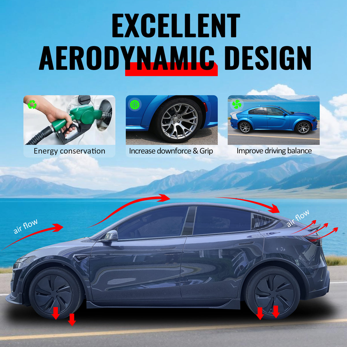 Fits 25-26 Tesla Model Y Juniper Side Skirts Gloss Black Rocker Panel Extension