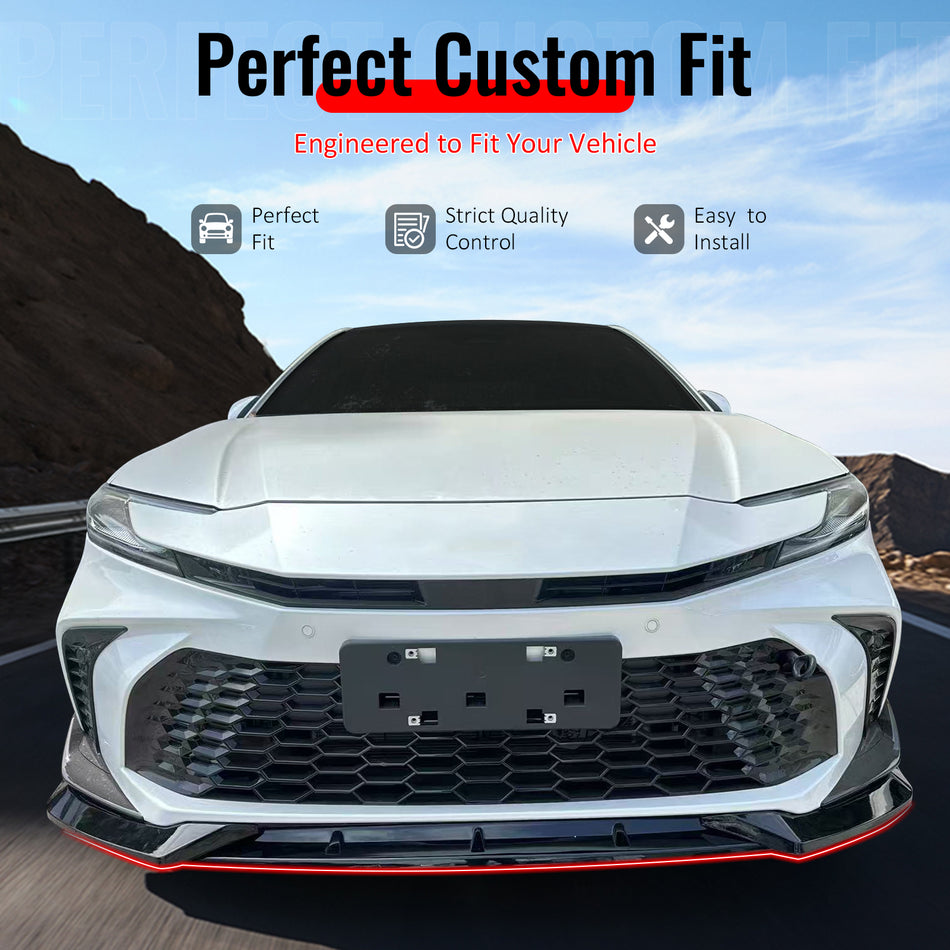 IKON MOTORSPORTS Front Bumper Lip, Compatible with 2025-2026 Toyota Camry SE XSE Nightshade, IKON V2 Style Gloss Black ABS Plastic Air Dam Chin Spoiler Protector Splitter 3PCS