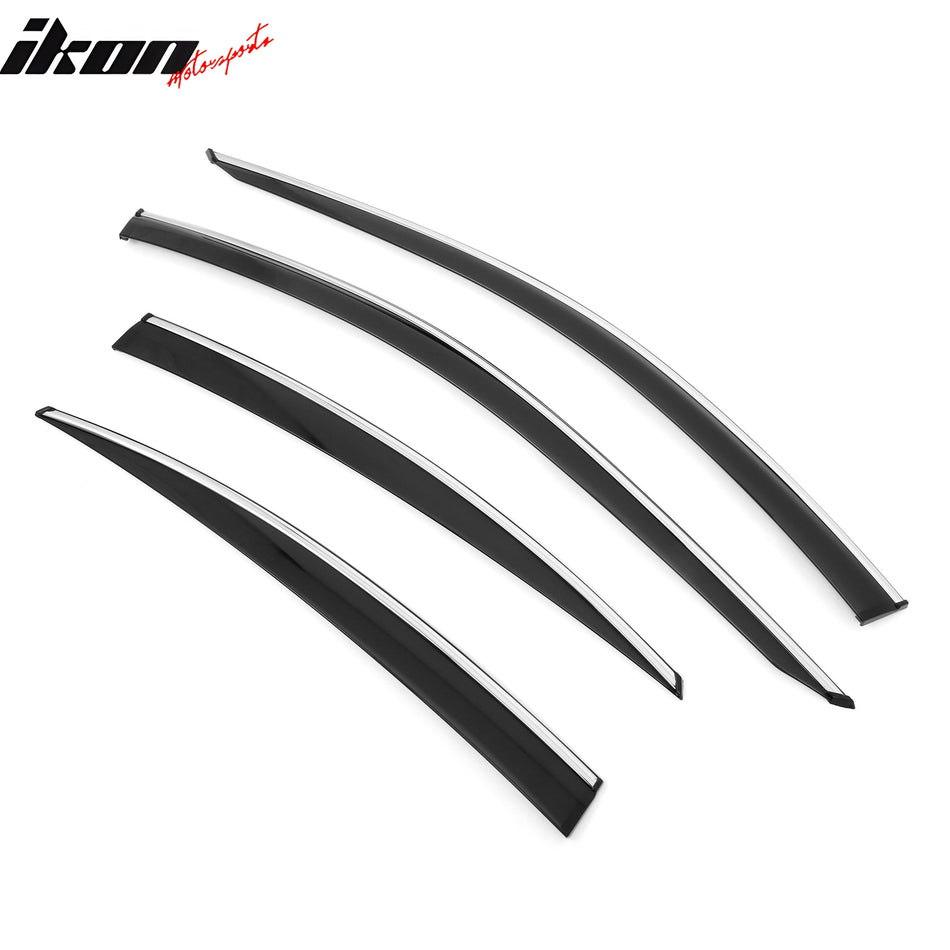 IKON MOTORSPORTS Tape on Window Visors W/Chrome Trim Compatible with 2025-2026 Toyota Camry, PMMA Polymethyl Methacrylate Smoke/Tinted Rain Guards, Side Window Wind Deflectors 4PCS
