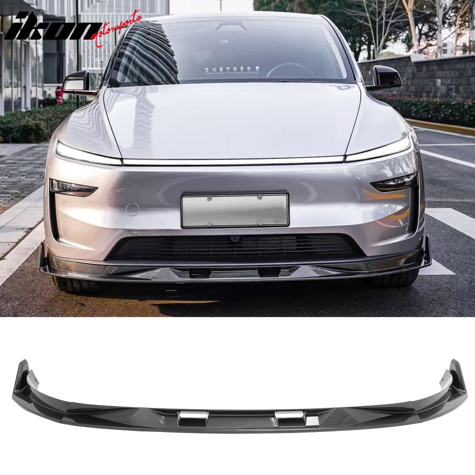 2025-2026 Tesla Model Y (New Model Y, Code Juniper) IKON V2 Style Carbon Fiber Print ABS Air Dam Chin Spoiler Protector Splitter 3PCS