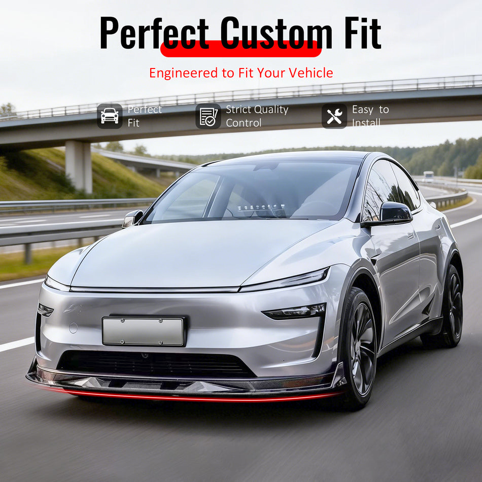 IKON MOTORSPORTS Front Bumper Lip, Compatible with 2025-2026 Tesla Model Y (New Model Y, Code Juniper), IKON V2 Style Gloss Black ABS Air Dam Chin Spoiler Protector Splitter 3PCS