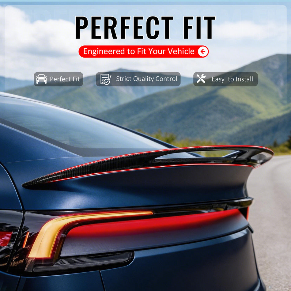 IKON MOTORSPORTS, Trunk Spoiler Compatible with 2025-2026 Tesla Model Y, IKON V2 Style Carbon Fiber Print ABS Plastic Rear Trunk Lid Spoiler Wing Lip