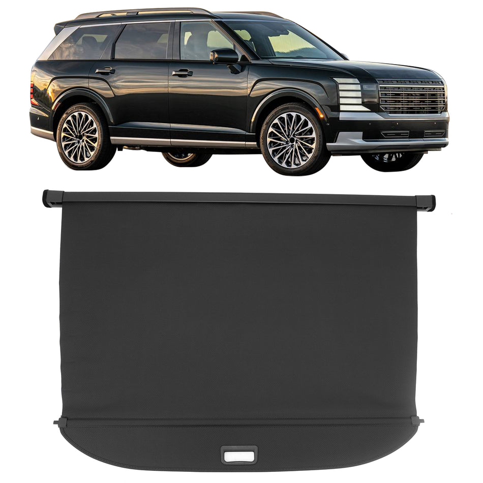 IKON MOTORSPORTS, Rear Retractable Cargo Cover, Compatible with 2026 Hyundai Palisade, Carbon Fiber Style PVC & Aluminum Rod Trunk Security Luggage Shield Shade, Black