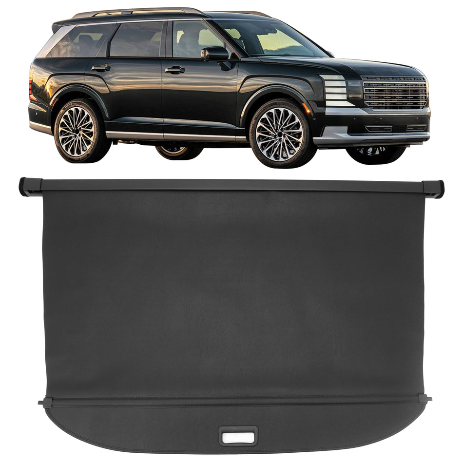 IKON MOTORSPORTS, Rear Retractable Cargo Cover, Compatible with 2026 Hyundai Palisade, Leather Style PVC & Aluminum Rod Trunk Security Luggage Shield Shade, Black