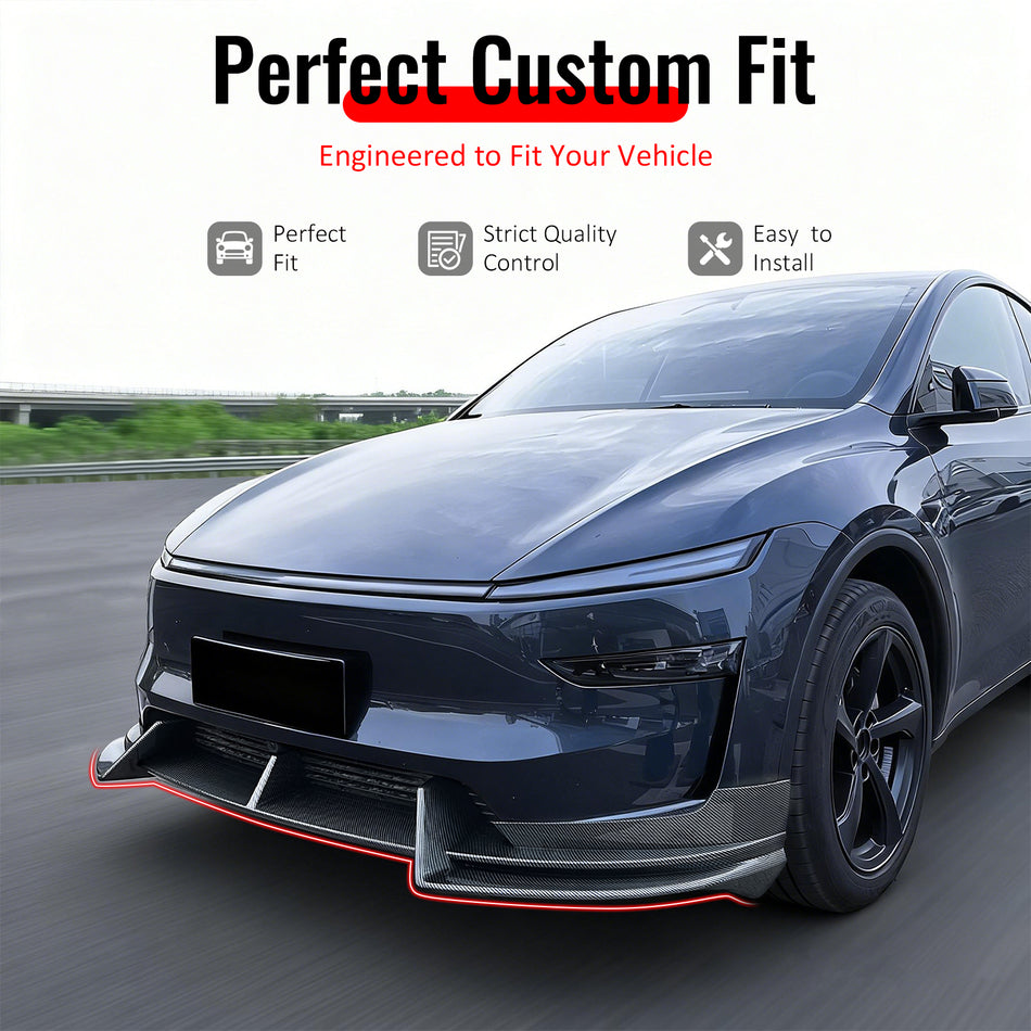 IKON MOTORSPORTS Front Bumper Lip Splitters, Compatible with 2026 Tesla Model Y Juniper Premium Models, IKON Style Carbon Fiber Print ABS Plastic Air Dam Chin Spoiler Protector Splitter 3PCS