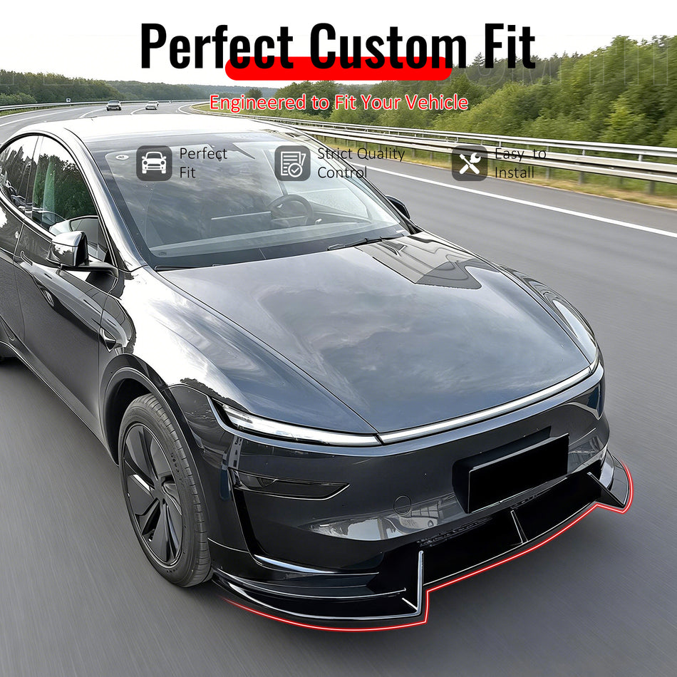 IKON MOTORSPORTS Front Bumper Lip Splitters, Compatible with 2026 Tesla Model Y Juniper Premium Models, IKON Style Gloss Black ABS Plastic Air Dam Chin Spoiler Protector Splitter 3PCS