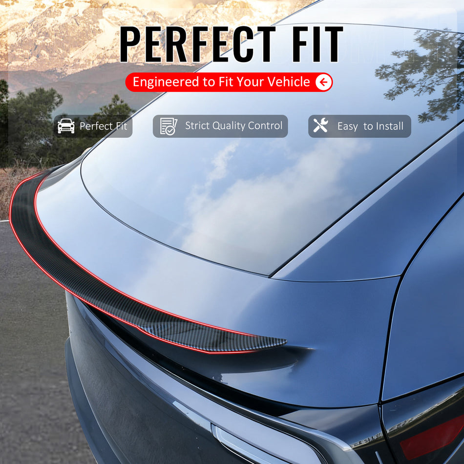 IKON MOTORSPORTS, Trunk Spoiler Compatible with 2026 Tesla New Model Y Juniper, P Style Carbon Fiber Print ABS Plastic Add-on Rear Trunk Lid Spoiler Wing Lip
