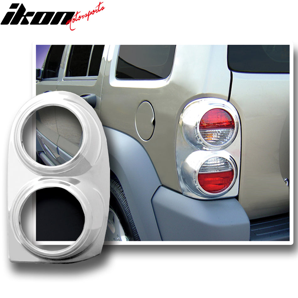 IKON MOTORSPORTS, Tail Light Bezel Compatible with 2002-2007 Jeep Liberty, Chrome ABS Rear Taillight Lamps Frame Cover Trim Accessories 2PCS