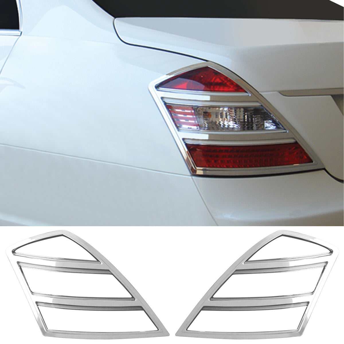 IKON MOTORSPORTS, 2PCS Tail Light Bezel Compatible With 2007-2009 Mercedes-Benz W221 S-Class, Driver Passenger Side Rear Tail Lights Taillights Bezel Covers Assembly Replacement ABS Chrome