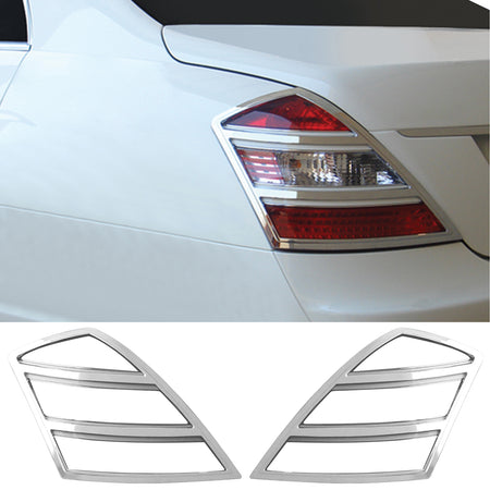 IKON MOTORSPORTS, 2PCS Tail Light Bezel Compatible With 2007-2009 Mercedes-Benz W221 S-Class, Driver Passenger Side Rear Tail Lights Taillights Bezel Covers Assembly Replacement ABS Chrome