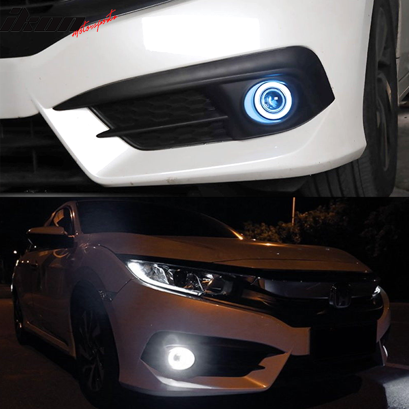 IKON MOTORSPORTS, Fog Lights Compatible With 2016-2020 Honda Civic, Halo Angel Eyes Projector Fog Lamps Direct Fit 2PC