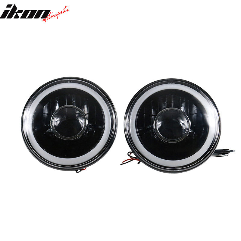 Head Lights Compatible With Most Vehicles, Universal 7" Round Black Chrome H4 SMD Halo Glass Headlight Head Lamps Conversion Pair by IKON MOTORSPORTS