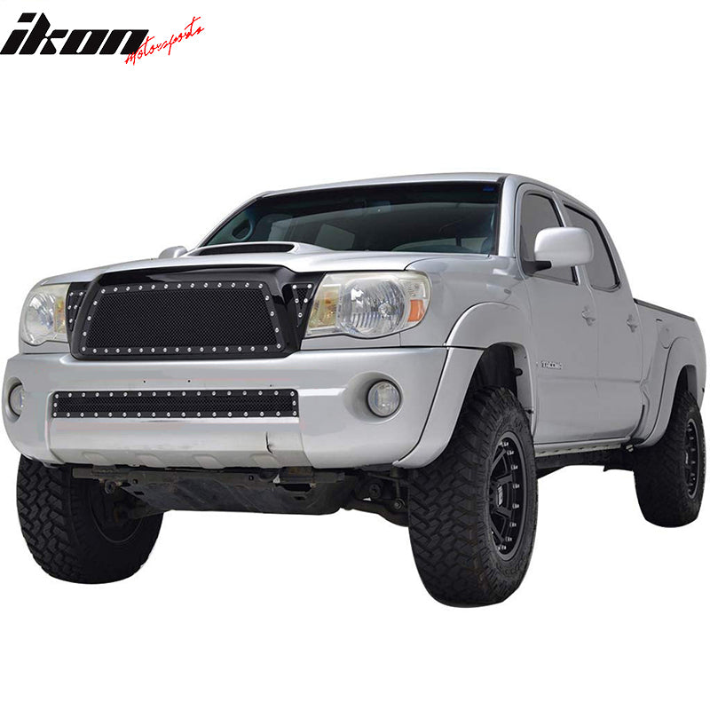 Grille Compatible With 2005-2009 Toyota Tacoma, Front Rivet Mesh Bumper Grille w/ Shell Gloss Black by IKON MOTORSPORTS