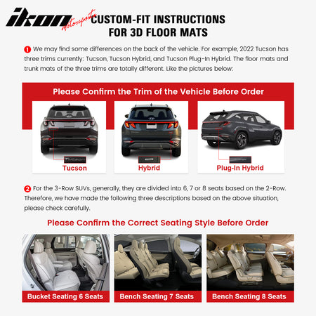 IKON MOTORSPORTS 3D TPE Floor Mats, Compatible with 2022-2024 Kia EV6, All Weather Waterproof Anti-Slip Floor Liners, Front & 2nd Row Full Set Car Interior Accessories, Black