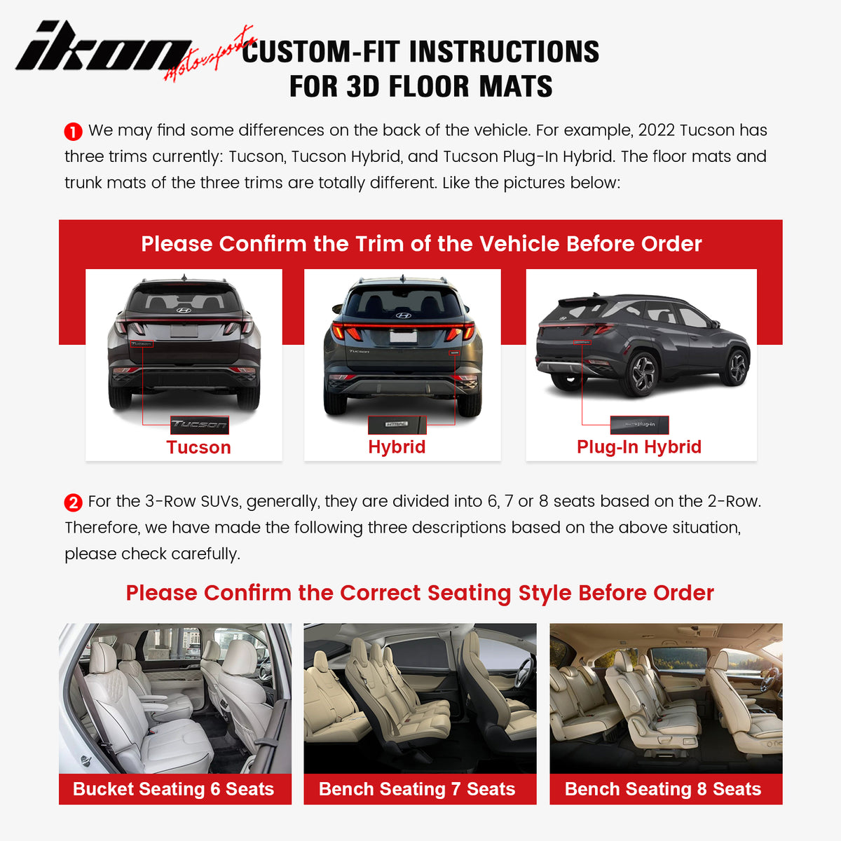 IKON MOTORSPORTS 3D TPE Floor Mats, Compatible with 2022-2024 Hyundai Santa Cruz, All Weather Waterproof Anti-Slip Floor Liners, Front & 2nd Row Full Set Car Interior Accessories, Black