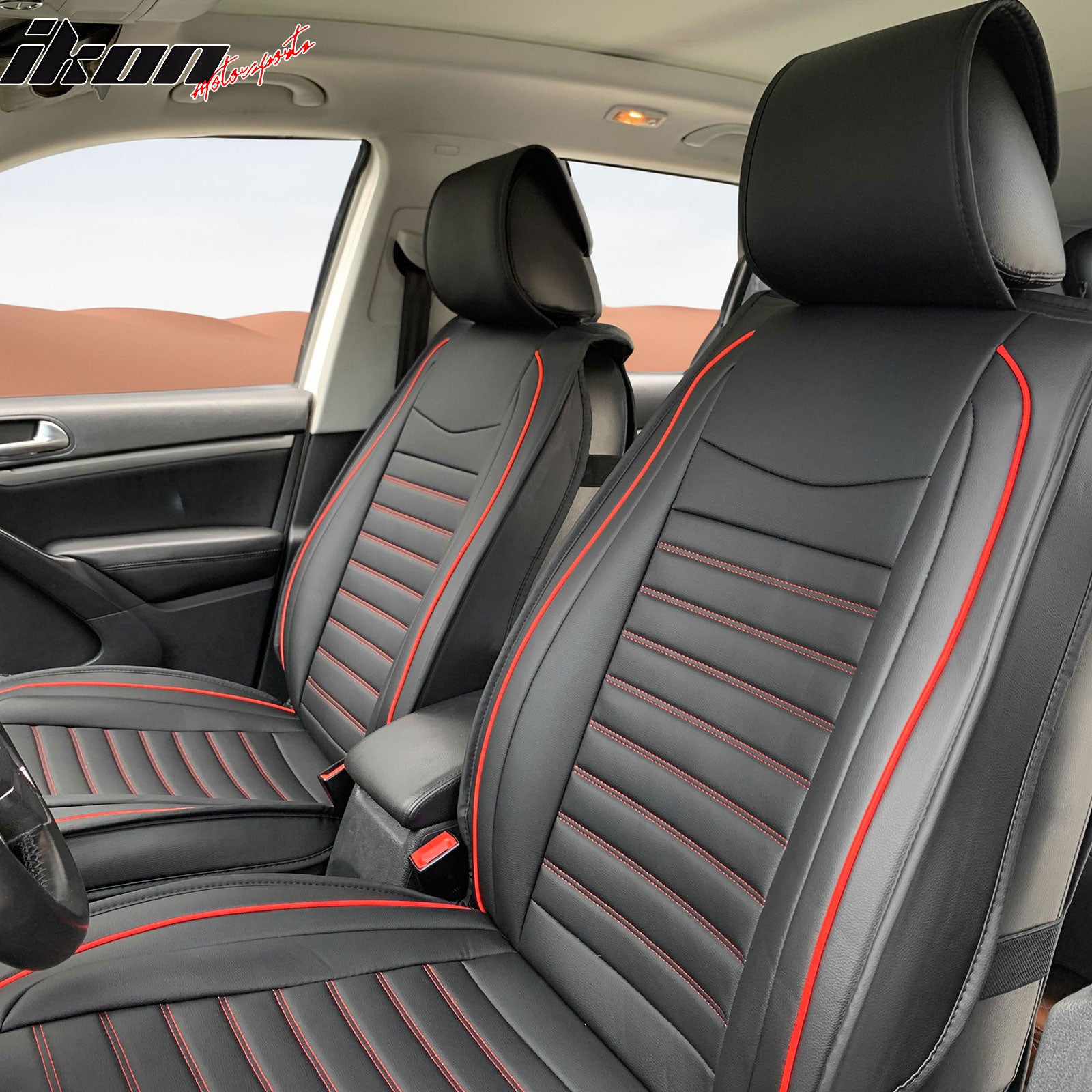 Universal Black & Red Stitching Car Seat Covers PU Leather - 02 Style (Front)