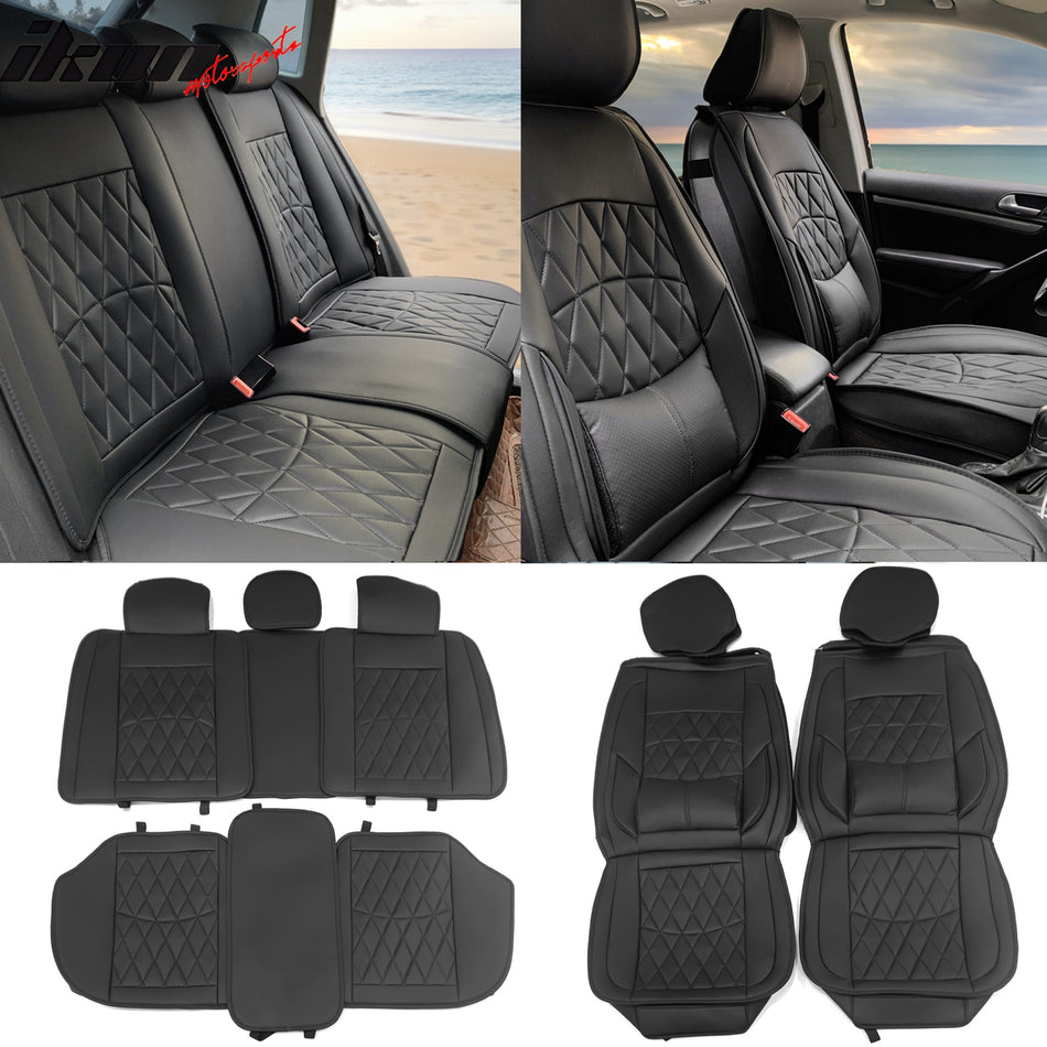 IKON MOTORSPORTS, Car Seat Covers with Lumbar Support, PU Leather Seat Cover Cushion Protector for SUV Pick-up Trucks, Waterproof Driver Seat Cover (Front Rear Full Set)