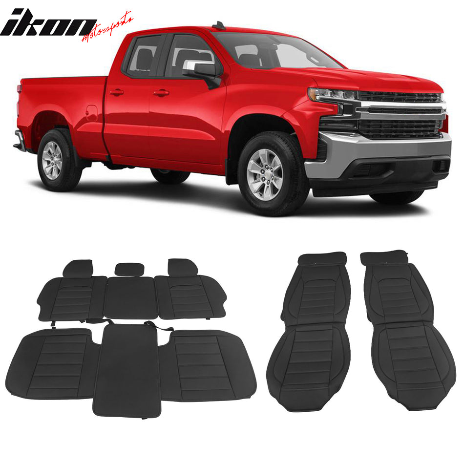 IKON MOTORSPORTS, Full Set Car Seat Covers Compatible with 2007-2023 Chevy Silverado GMC Sierra 1500/2500HD/3500HD Crew & Extended Cab, PU Leather Driver Seat Cushion Protectors with Pocket