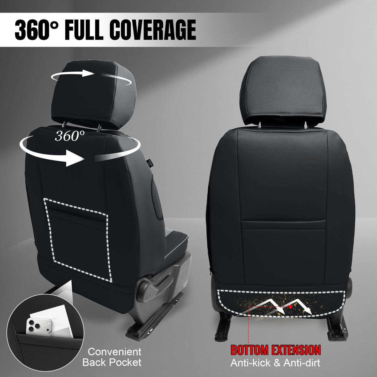 IKON MOTORSPORTS Car Seat Covers Compatible with 2019-2026 Chevy Silverado GMC Sierra 1500 2500HD 3500HD, Waterproof Easy Clean PVC Driver Seat Cushion Protector Cover (Front Row, Black & Gray)