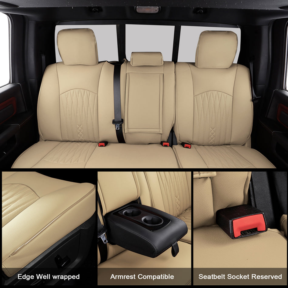 IKON MOTORSPORTS Car Seat Covers Compatible with 2013-2025 Dodge Ram 1500& 2013-2026 2500& 2017-2026 3500, Waterproof Easy Clean PVC Driver Seat Cushion Protector Cover (Full Set, Beige)
