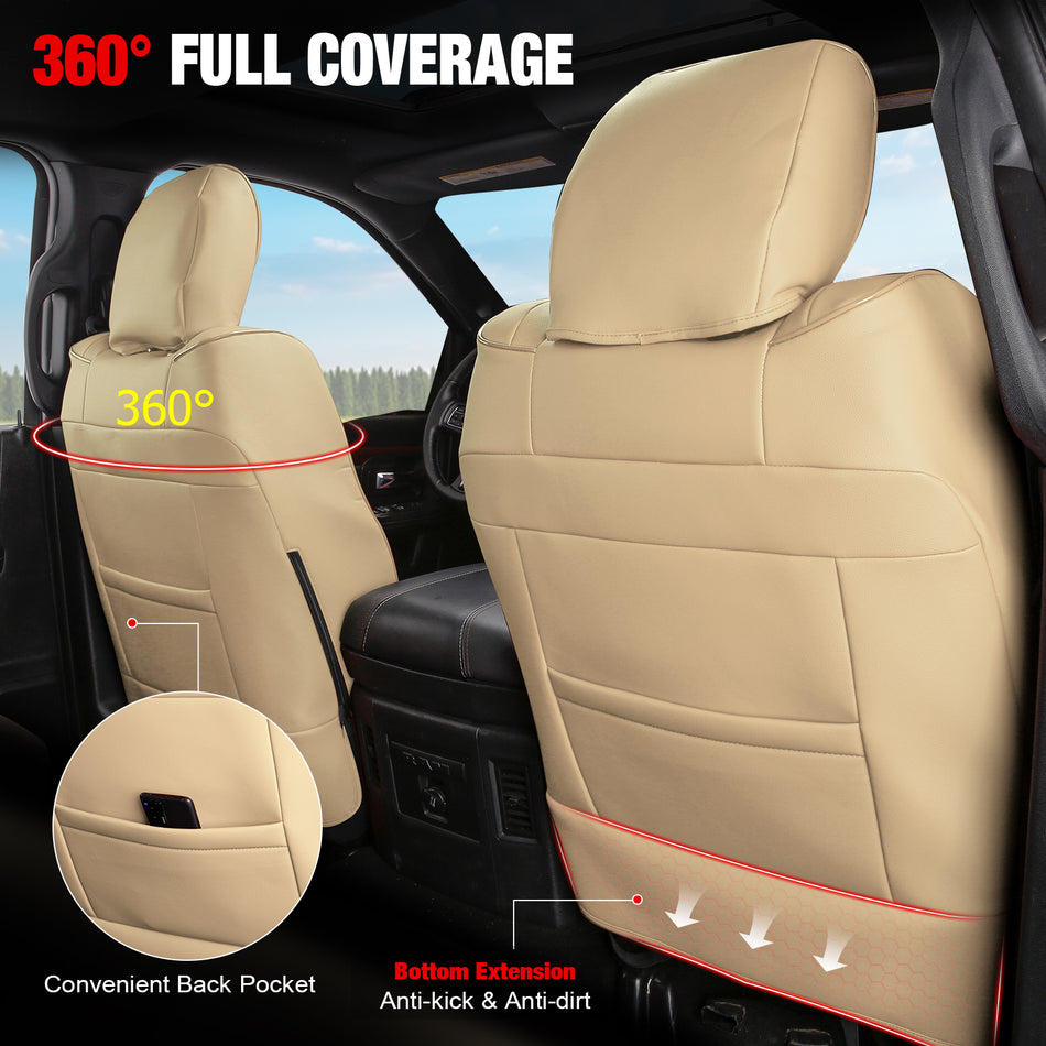 IKON MOTORSPORTS Car Seat Covers Compatible with 2013-2025 Dodge Ram 1500& 2013-2026 2500& 2017-2026 3500, Waterproof Easy Clean PVC Driver Seat Cushion Protector Cover (Front Row, Beige)