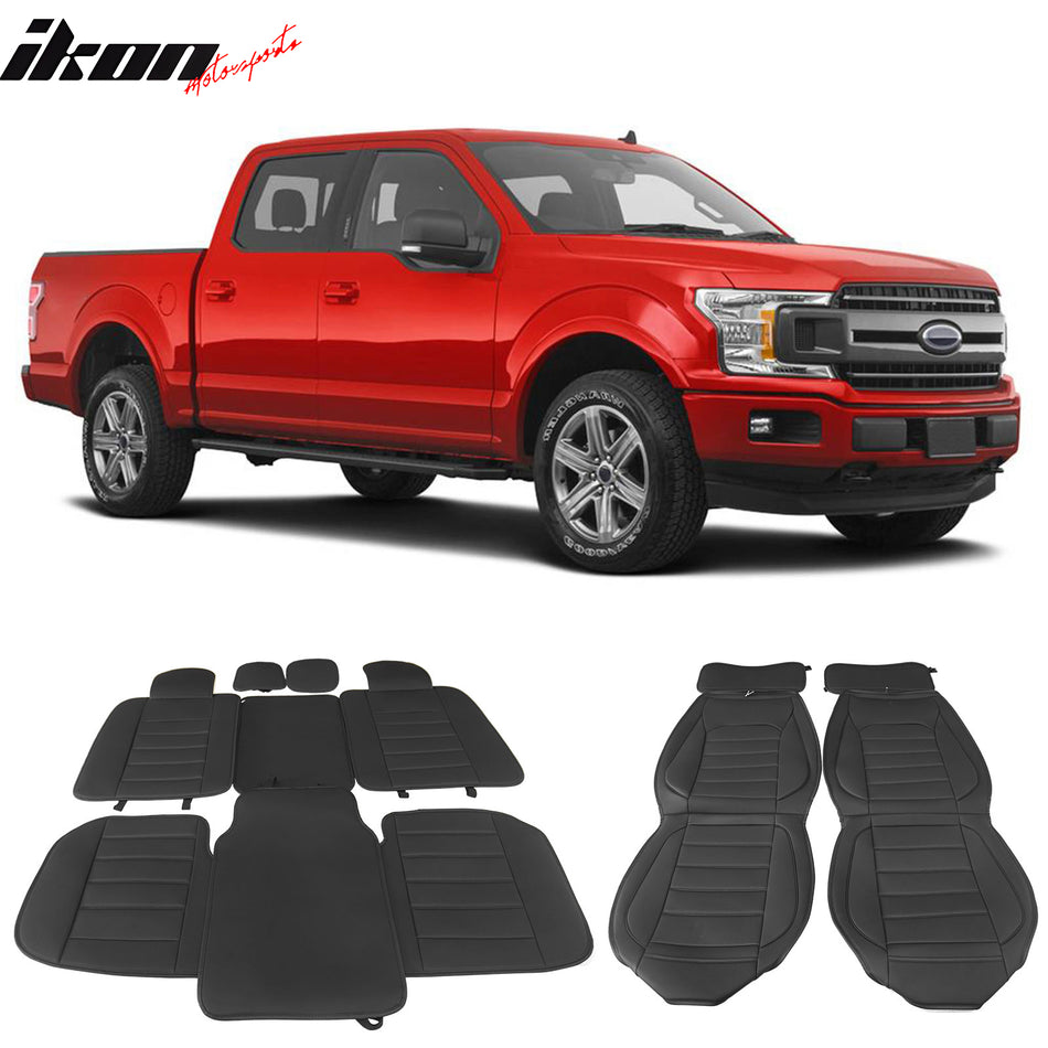 IKON MOTORSPORTS, Full Set Seat Covers Compatible with 2009-2023 Ford F150 Crew Cab, PU Leather Car Seat Cushion Cover Protectors, Driver Seat Cover with Pocket