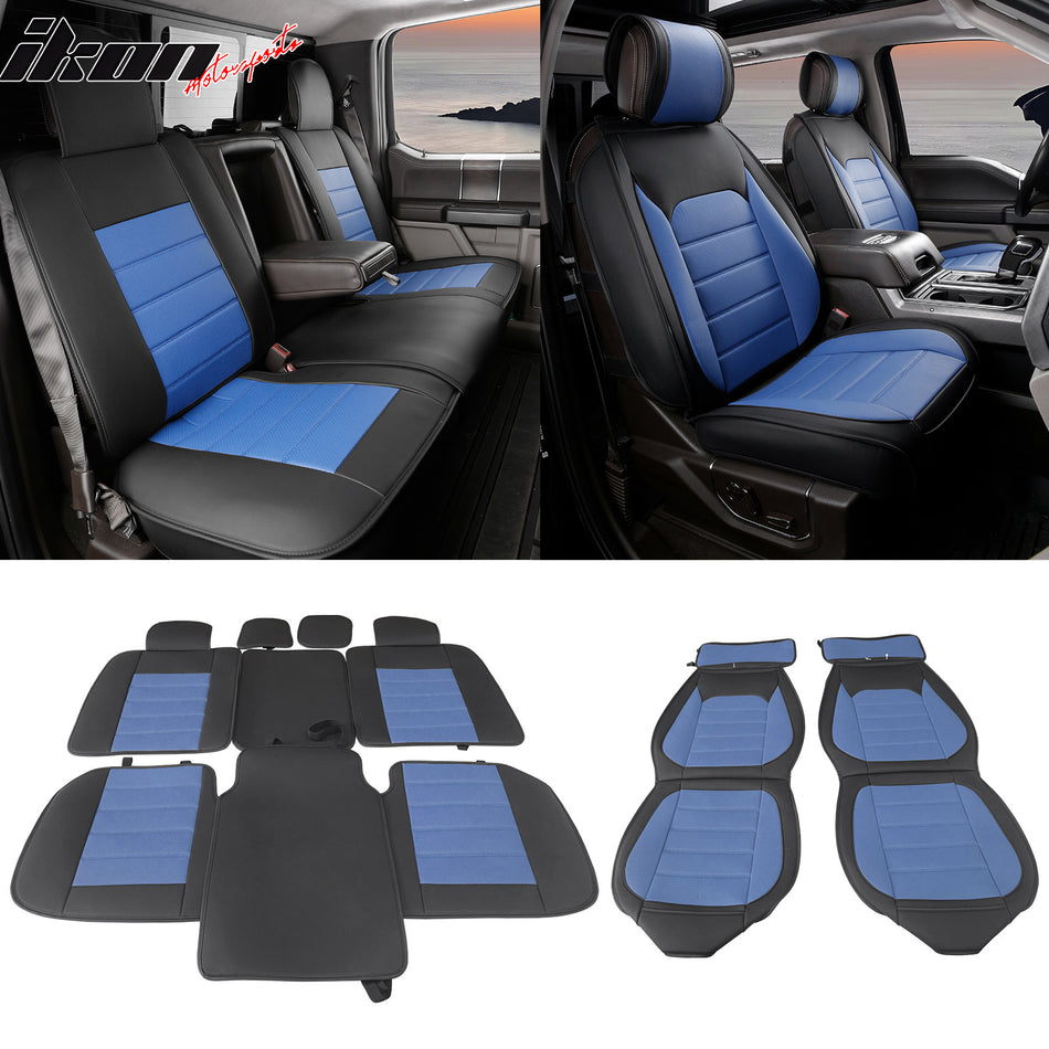 IKON MOTORSPORTS, Full Set Seat Covers Compatible with 2009-2023 Ford F150 Crew Cab, PU Leather Car Seat Cushion Cover Protectors, Driver Seat Cover with Pocket