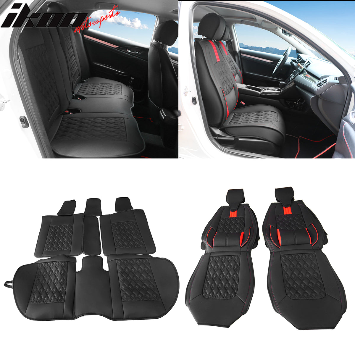 Fits 16-21 Honda Civic 5 Seats PU Leather Car Seat Covers Cushion w/ Lumbar