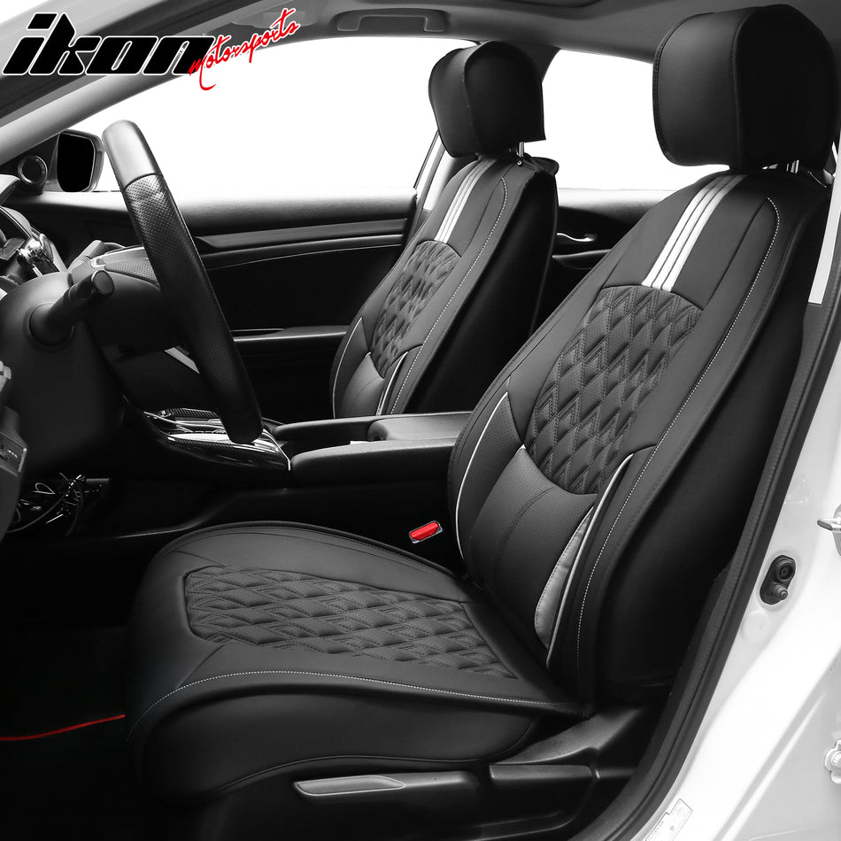 IKON MOTORSPORTS, Seat Covers with Lumbar Support Compatible with 2016-2021 Honda Civic with Bench 40/60, PU Leather Car Seat Cushion Cover Protectors, Driver Seat Cover with Pocket