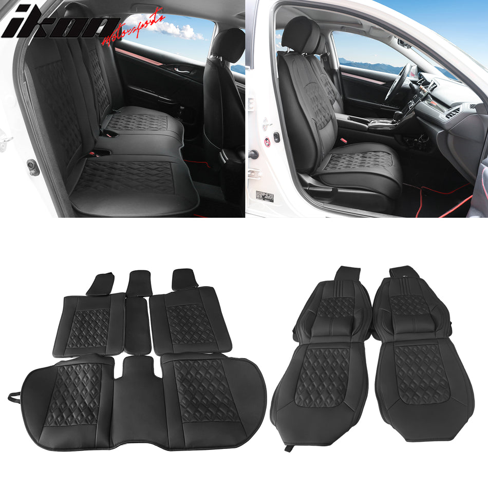 IKON MOTORSPORTS, Seat Covers with Lumbar Support Compatible with 2016-2021 Honda Civic with Bench 40/60, PU Leather Car Seat Cushion Cover Protectors, Driver Seat Cover with Pocket