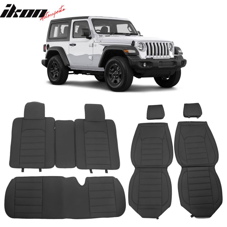 IKON MOTORSPORTS, Full Set Seat Covers Compatible with 2007-2023 Jeep Wrangler JK JL, PU Leather Car Seat Cushion Cover Protectors, Driver Seat Cover with Pocket