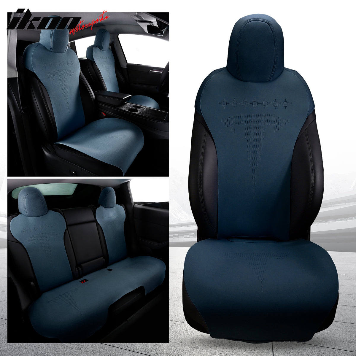 IKON MOTORSPORTS Seat Cover Cushions Compatible with 2017-2023 Tesla Model 3, Suede Leather (Front + Second Row, V2 Style)
