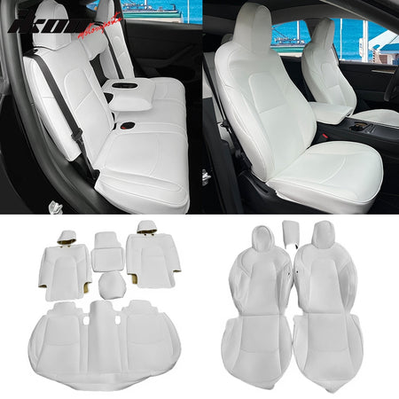 IKON MOTORSPORTS, Full Set Car Seat Covers Compatible With 2020-2023 Tesla Model Y 4-Door, Leather 5-Seat Seat Cover