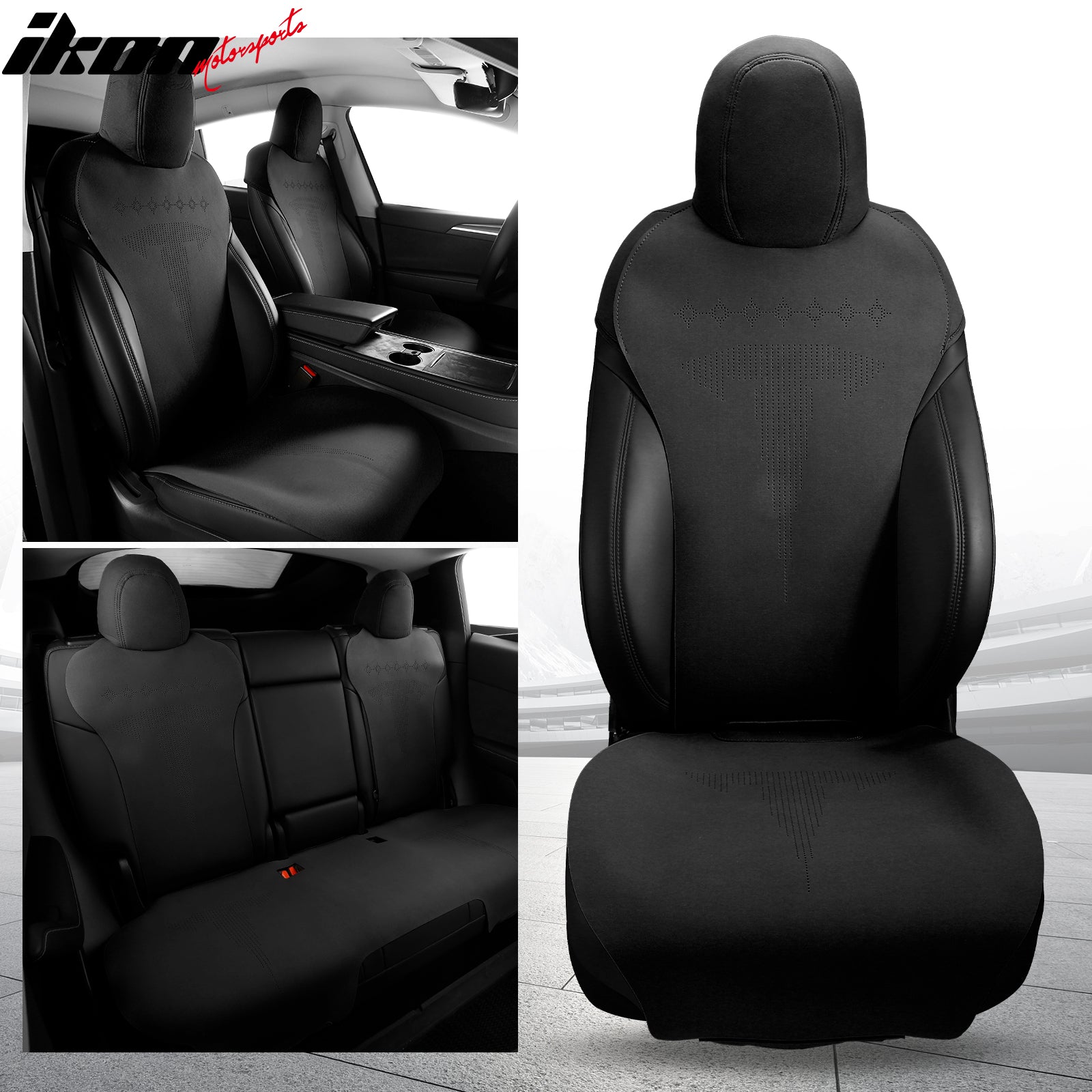 IKON MOTORSPORTS Seat Cover Cushions Compatible with 2020-2023 Tesla Model Y, Suede Leather (Front + Second Row, V2 Style)