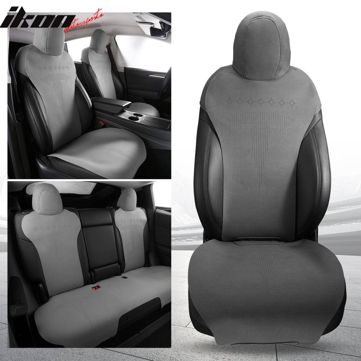 IKON MOTORSPORTS Seat Cover Cushions Compatible with 2020-2023 Tesla Model Y, Suede Leather (Front + Second Row, V2 Style)