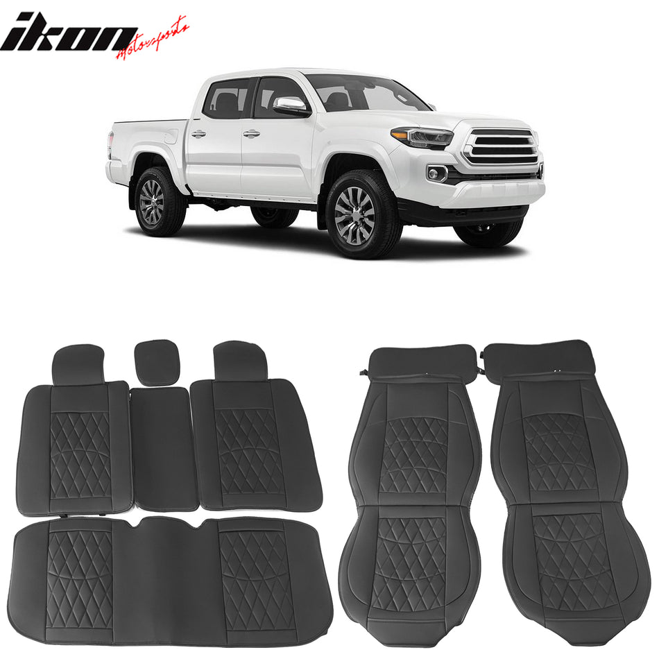 IKON MOTORSPORTS, Full Set Car Seat Covers Compatible with 2005-2023 Toyota Tacoma Access & Crew Cab, PU Leather Driver Seat Cover Cushion Protectors