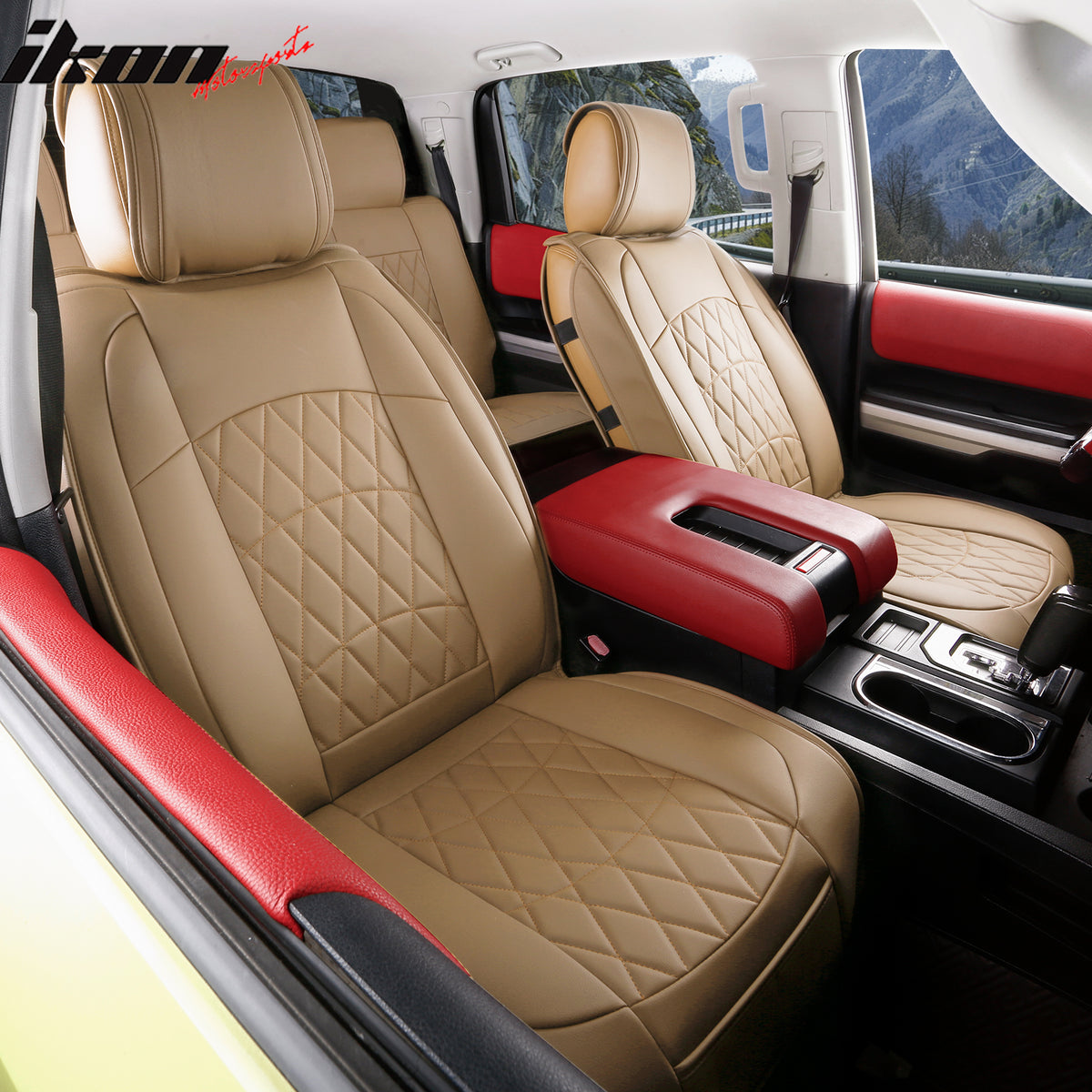 Fits 08-23 Toyota Tundra Beige Full Set Seat Covers Front Rear Row PU Leather