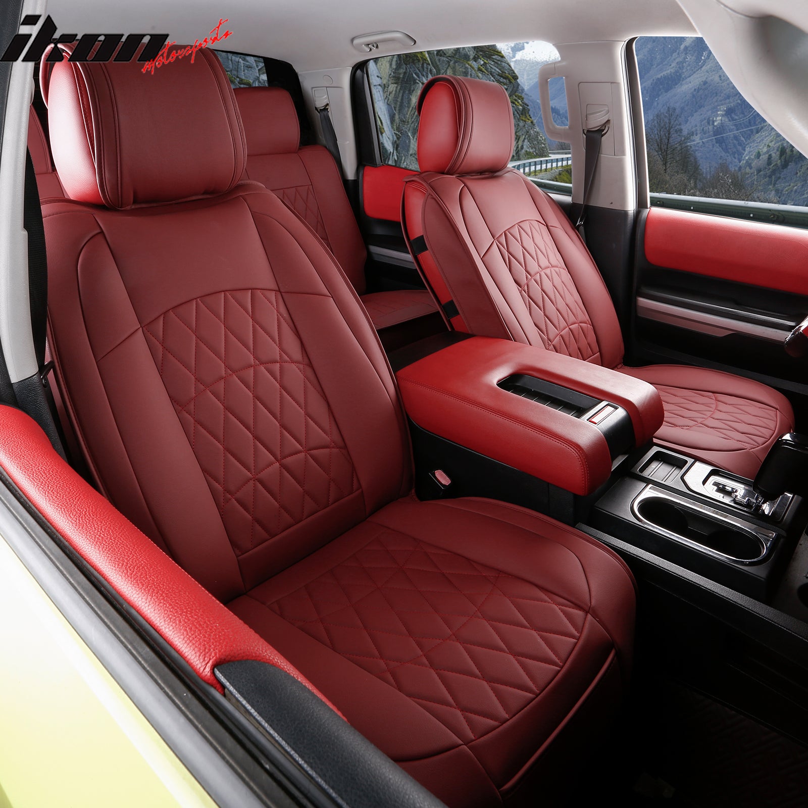 Fits 08-23 Toyota Tundra Red Full Set Car Seat Covers Front Back Row PU Leather
