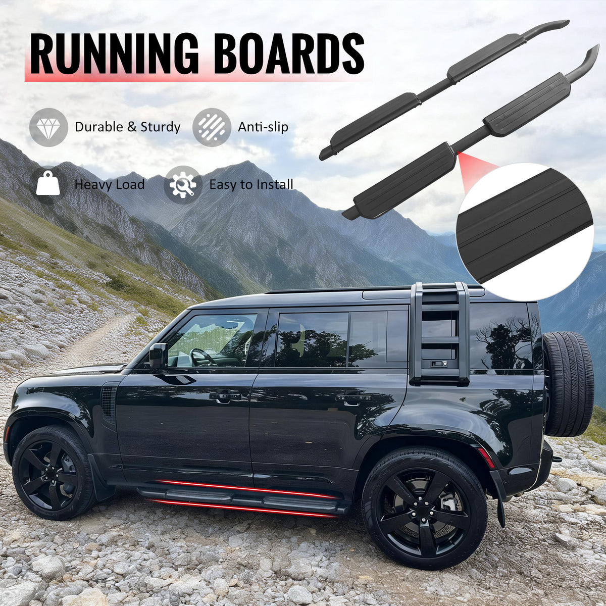 IKON MOTORSPORTS Running Boards, Compatible with 2020-2026 Land Rover Defender 110 & Defender 130, OE Style Aluminum + Rubber Anti-skid Pad Black Side Step Rail Nerf Bars