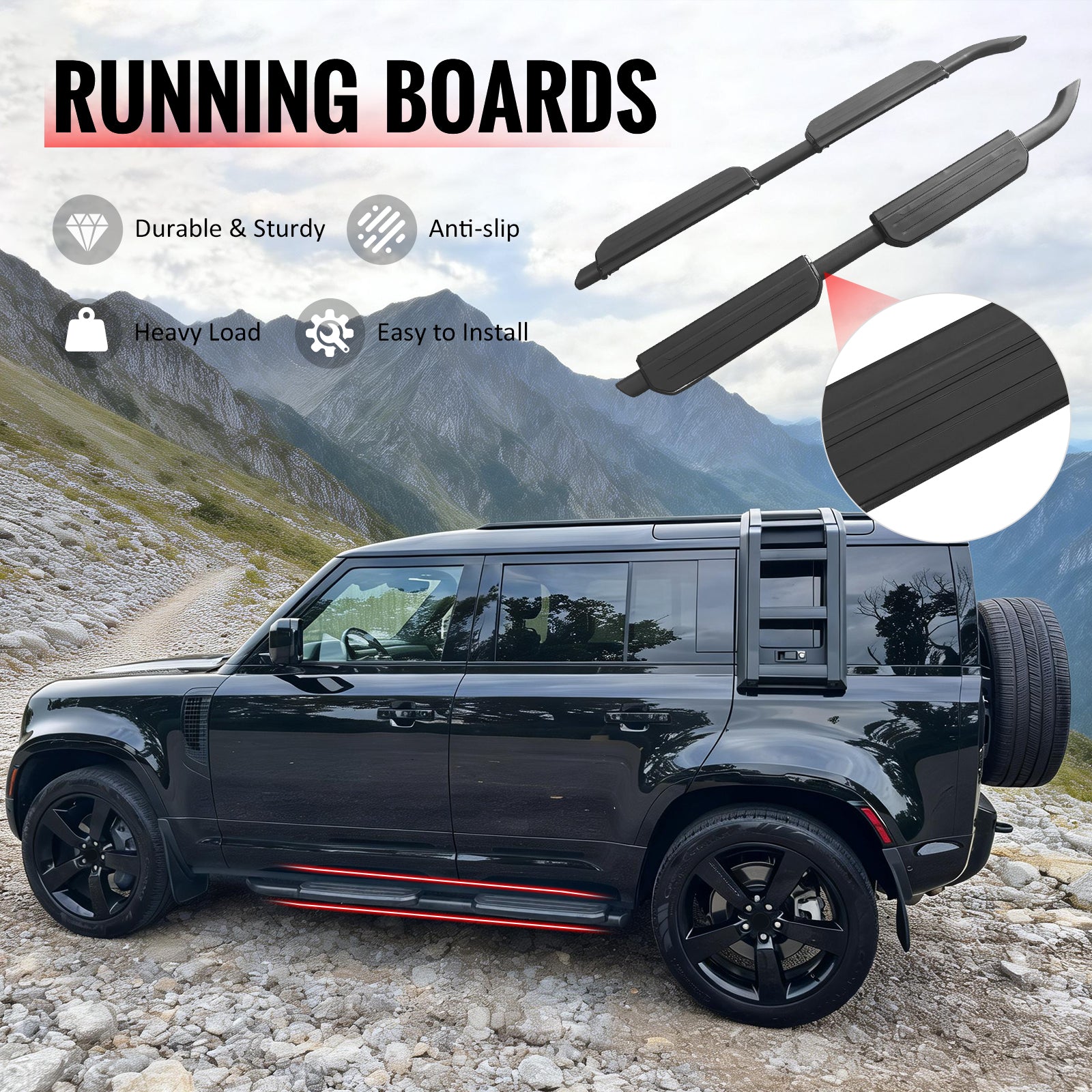 IKON MOTORSPORTS Running Boards, Compatible with 2020-2026 Land Rover Defender 110 & Defender 130, OE Style Aluminum + Rubber Anti-skid Pad Black Side Step Rail Nerf Bars
