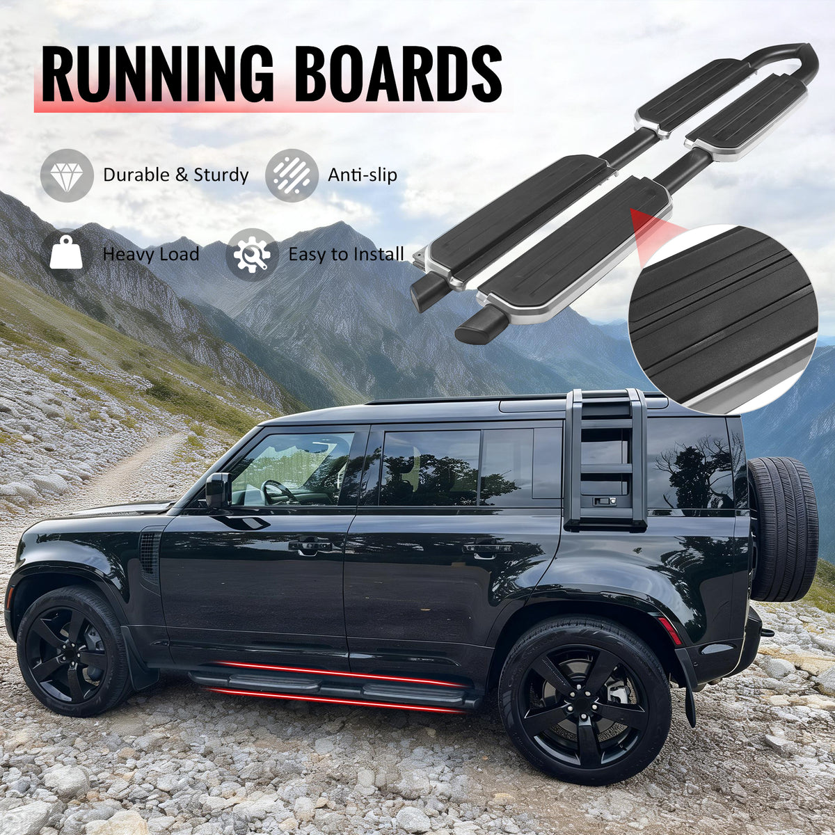 IKON MOTORSPORTS Running Boards, Compatible with 2020-2026 Land Rover Defender 110 & Defender 130, OE Style Aluminum + Rubber Anti-skid Pad Silver& Black Side Step Rail Nerf Bars