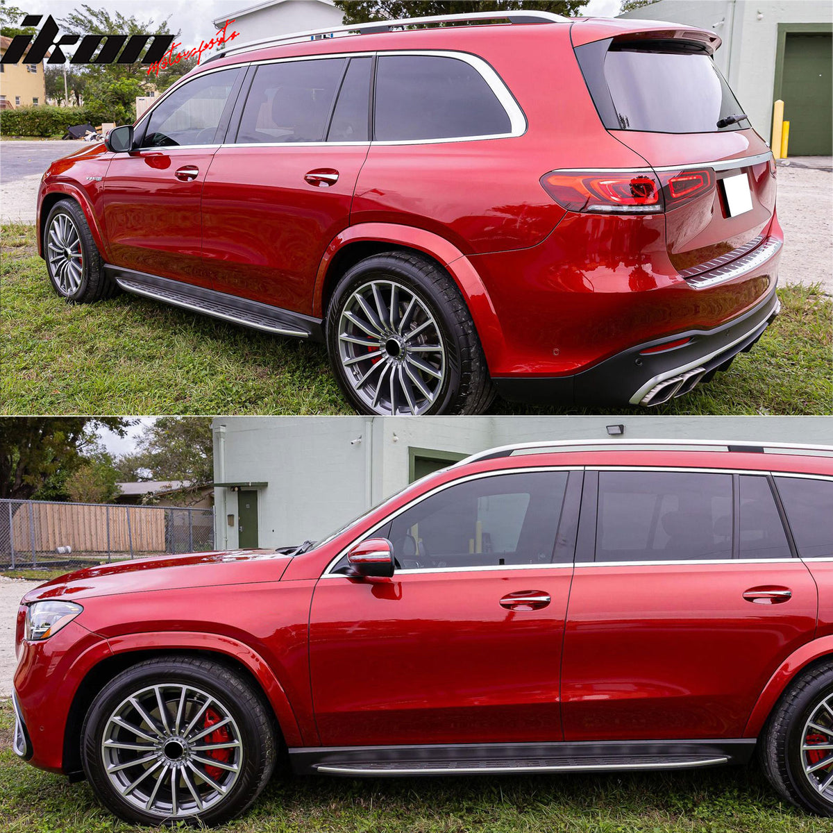 IKON MOTORSPORTS Running Boards, Compatible with 2020-2026 Mercedes-Benz X167 GLS450/GLS580/GLS63 AMG, Factory Style Aluminum Black & Silver Side Step Rail Nerf Bars