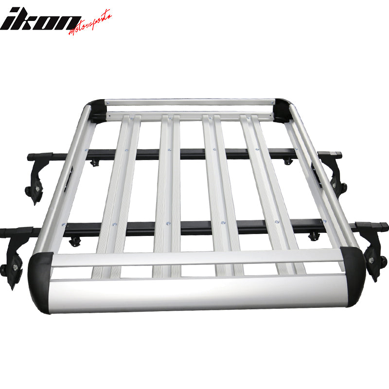 IKON MOTORSPORTS, 50x35x5 Inch Cargo Luggage/Bag Carrier Basket + Cross Bar Compatible with Universal Cars / SUV / Trucks, Aluminum Silver