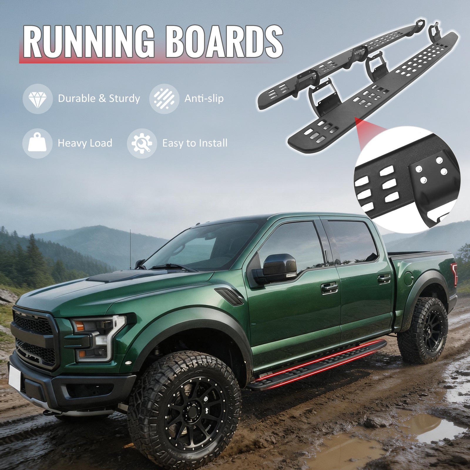 IKON MOTORSPORTS 7.5" Running Boards, Compatible with 2015-2026 Ford F-150 & 2017-2026 F-250 F-350 F-450 Super Duty SuperCrew Cab, Raptor Style Heavy Duty Carbon Steel Black Side Step Rail Nerf Bars