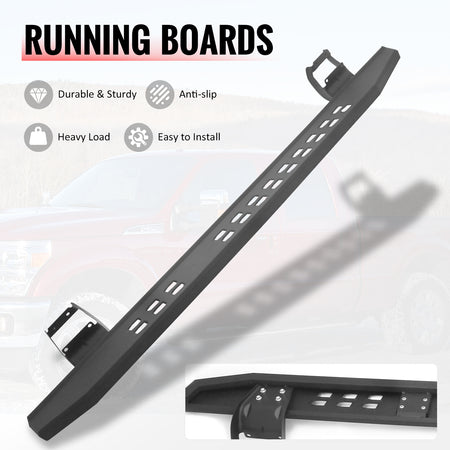 IKON MOTORSPORTS 6.3" Running Boards, Compatible with 2015-2026 Ford F-150 & 2017-2026 F-250 F-350 F-450 Super Duty SuperCrew Cab, Raptor Style Steel Black Side Step Rail Nerf Bars
