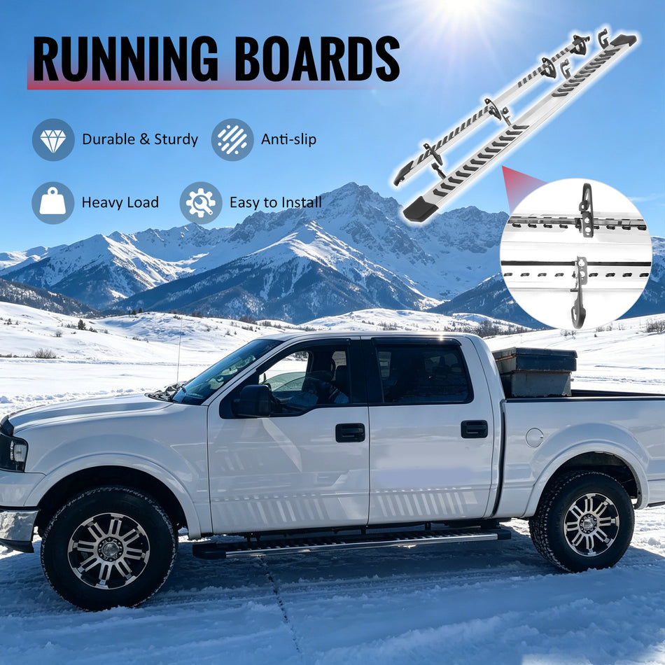IKON MOTORSPORTS 6" Running Boards, Compatible with 2004-2014 Ford F-150 F150 SuperCrew Cab (Crew Cab), OE Style PP Pad Stainless Steel Black Silver Side Step Rail Nerf Bars